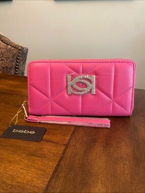 bebe Zara Hot Pink Quilted Zip-Around Wallet Wristlet with Rhinestone Logo 🆕